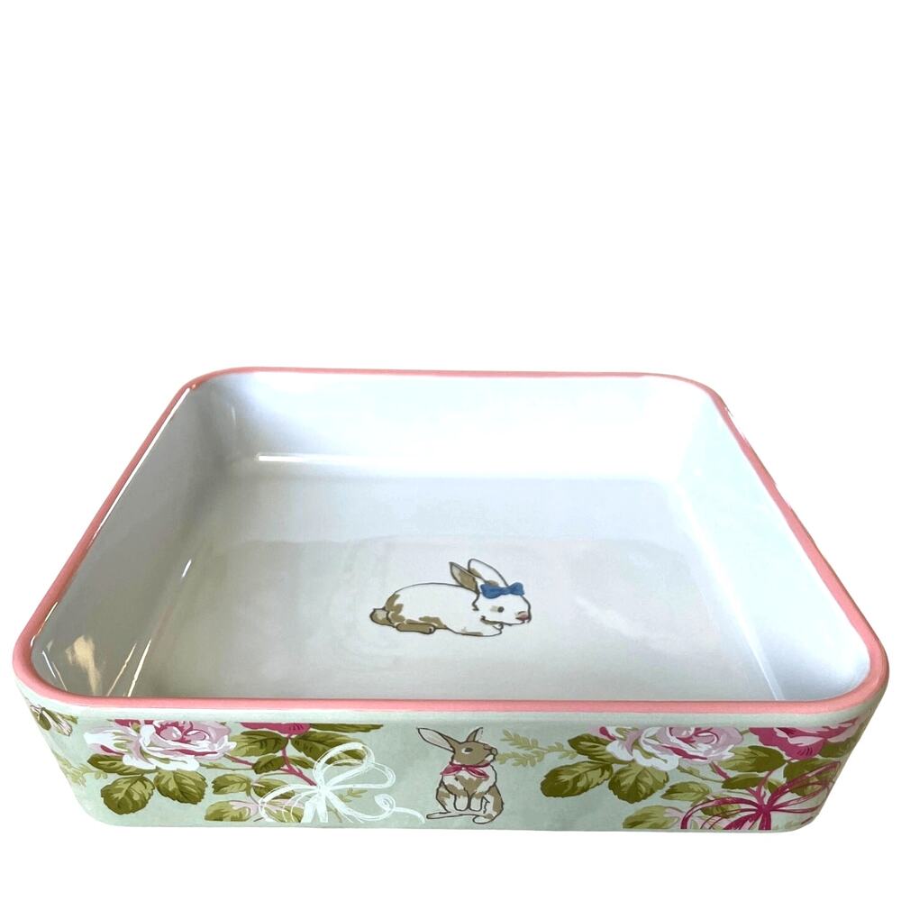 Laura Ashley 9x9 Square Baker Pastel Easter Bunny Floral Baking Dish New